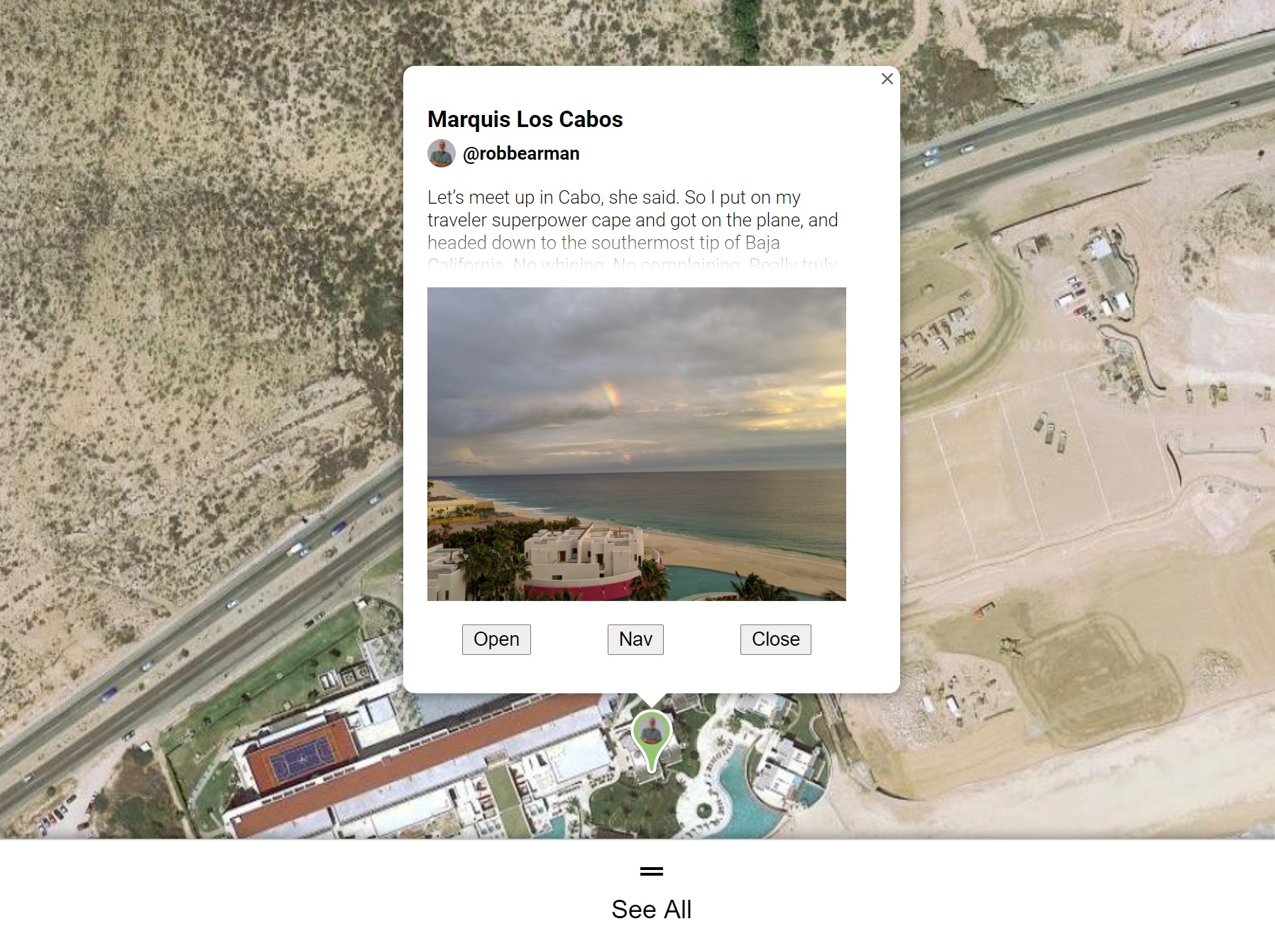 Vacation blog map marker in satellite view