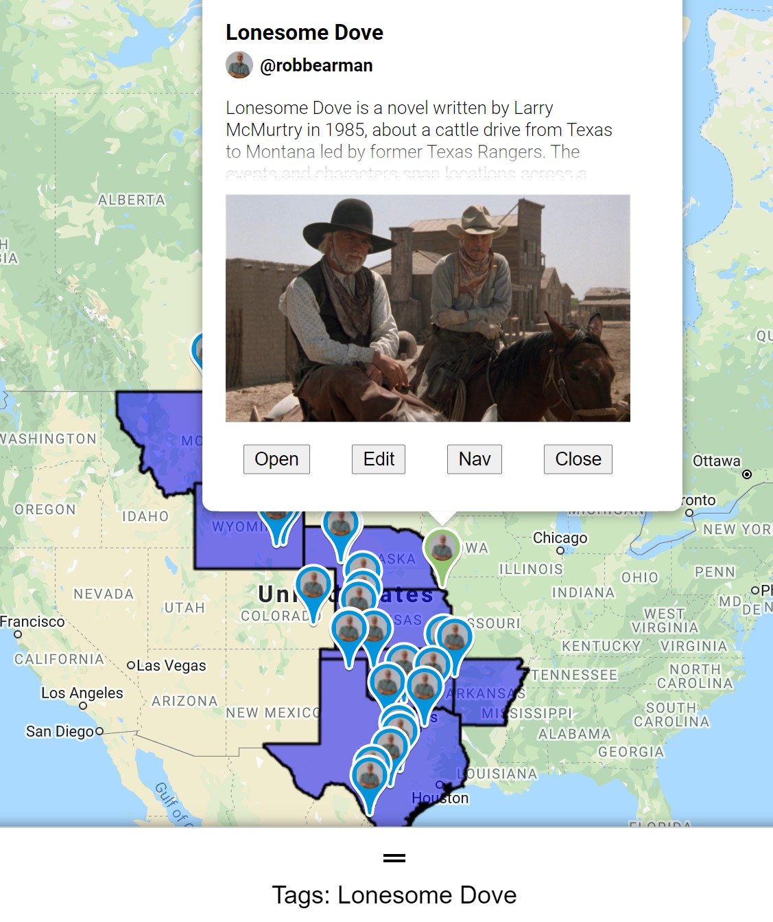 Lonesome Dove map markers
