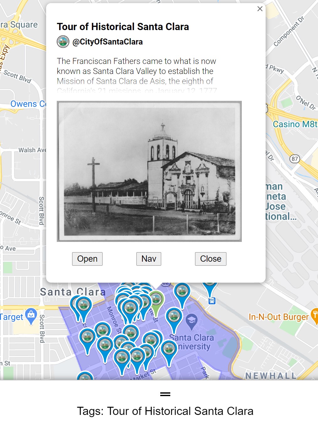 Tour of Historical Santa Clara map markers