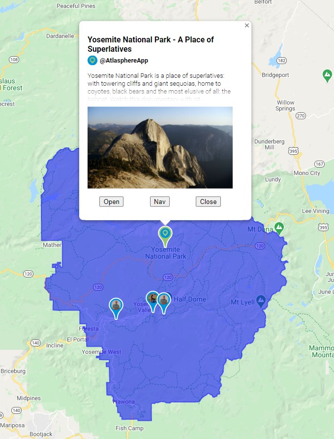 Yosemite map markers with park boundary